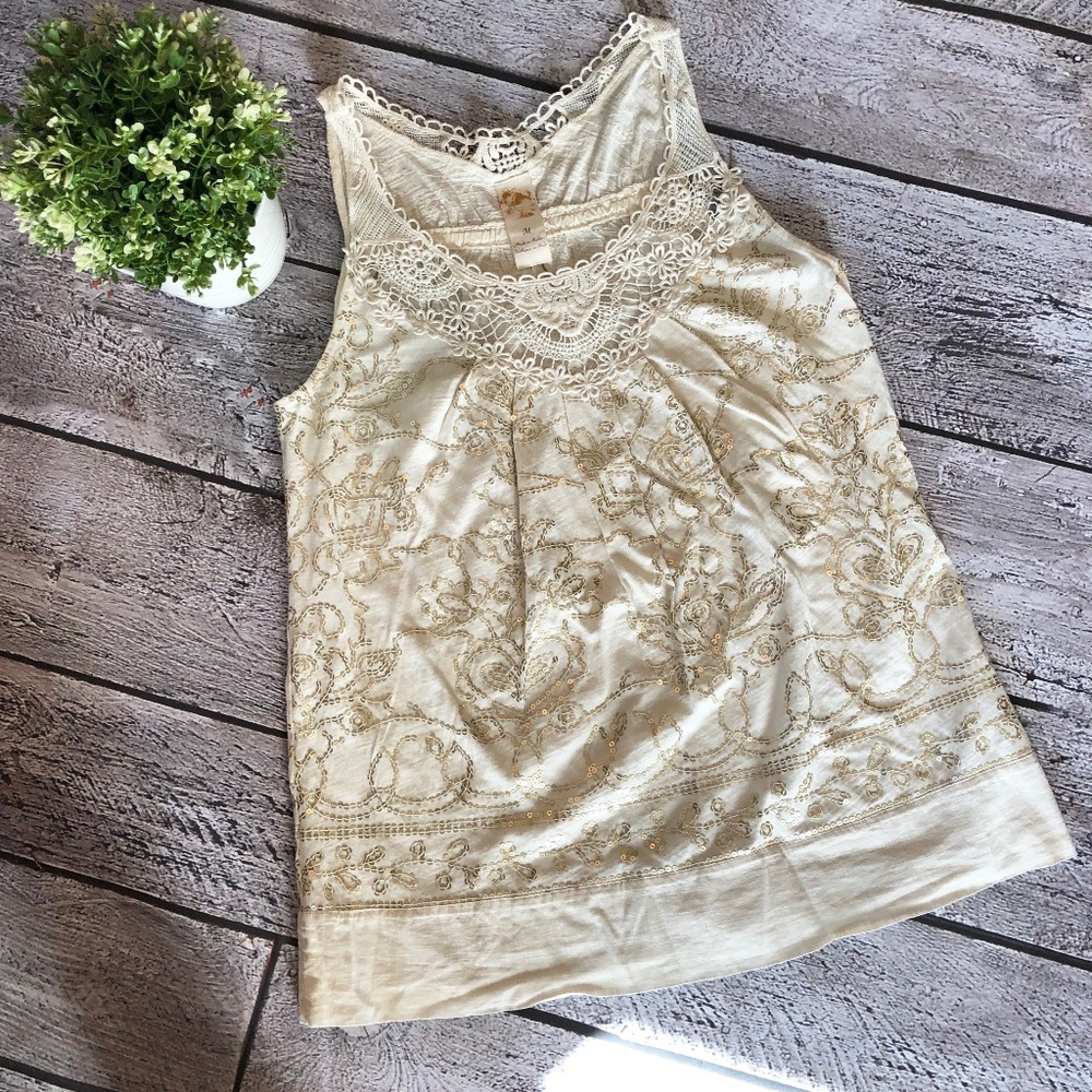 ANTHROPOLOGIE C. Keer Ivory Sequin Crochet Tank M